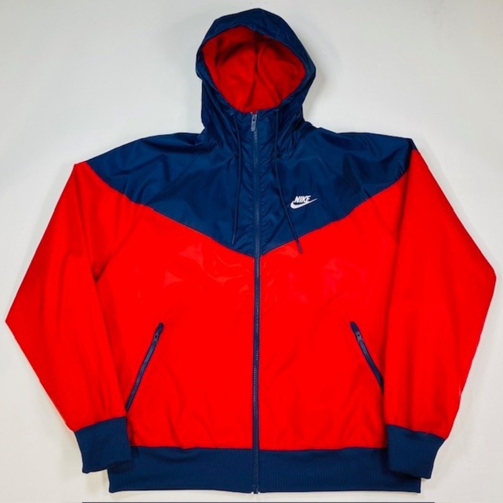 Nike Windrunner Mens Medium Red Navy Blue Full Zip Hooded Jacket DA0001-657